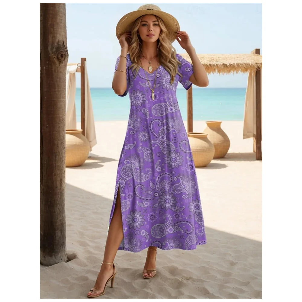 Women's Paisley Dress Casual Split V-Neck Long Dress Maxi Dress Ethnic Tribal Holiday Dresses Summer Short Sleeve Woman Clothing