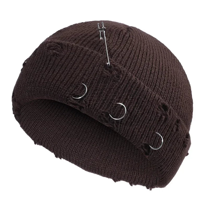 9 Colors Fashionable Ladies Winter Warm Knitted Caps 3 Metal Ring Buckled Hat Cool Pure Hip Hop Hats for Women