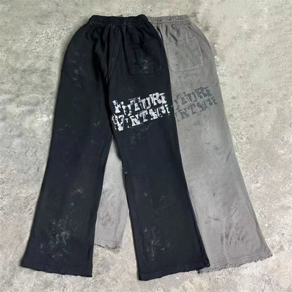 High Street Men Women Hip Hop Best Pants Vintage SAINT LOUIS Drawstring Destruction Splattered Ink Letters Print Sweatpants