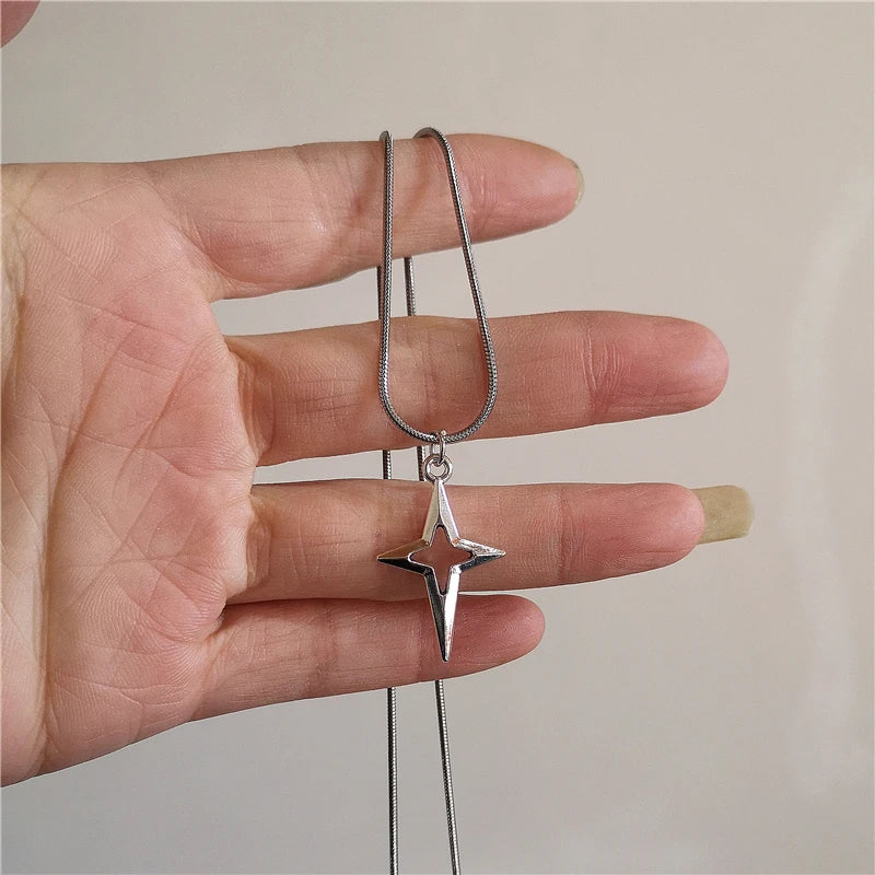 Kpop Vintage Punk Silver Color Star Pendant Bead Necklace for Men Women Street Hip Hop Aesthetic Grunge Jewelry Y2K Accessories
