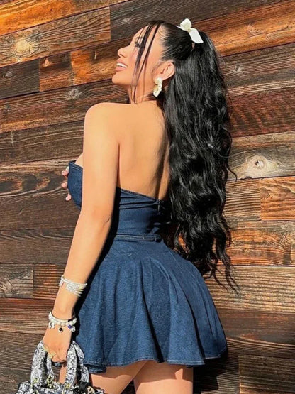 Fake Denim Strapless Sexy Dress Women Summer Trend Skinny Hipster Fashion Concert Birthday Party Clubwear  Bodycon