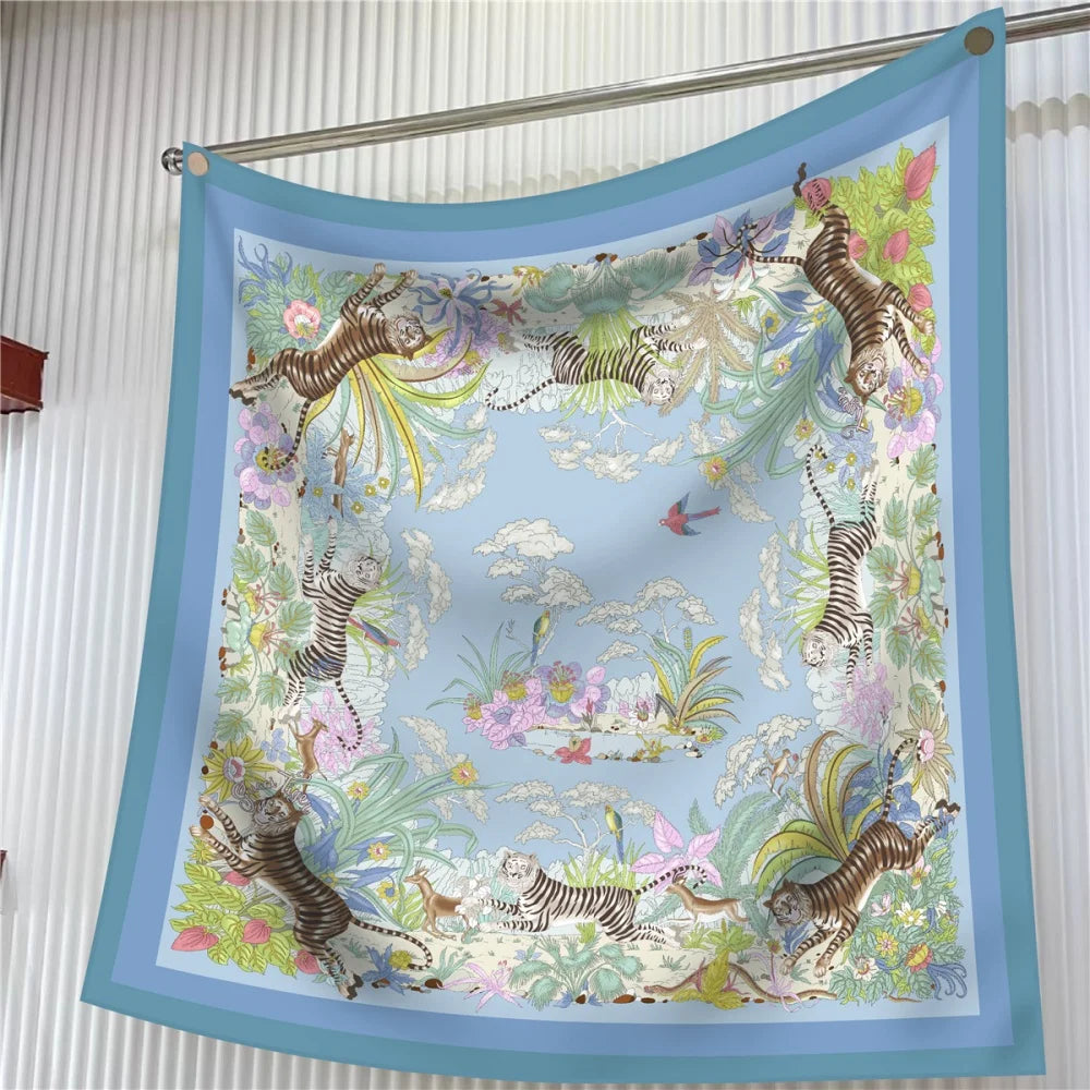 Silk Scarf Women Floral Printed Square Scarves Head Echarpes Silk Foulards Femme Wraps Beach Shawls Bandana Lady Hijabs 90CM