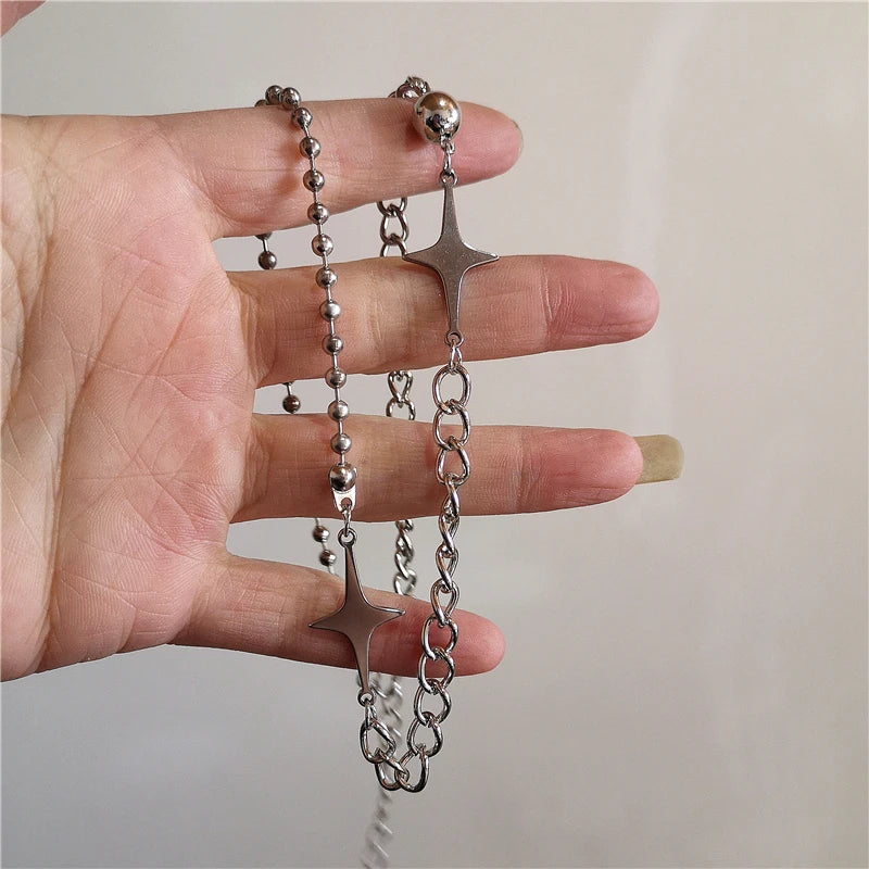 Kpop Vintage Punk Silver Color Star Pendant Bead Necklace for Men Women Street Hip Hop Aesthetic Grunge Jewelry Y2K Accessories