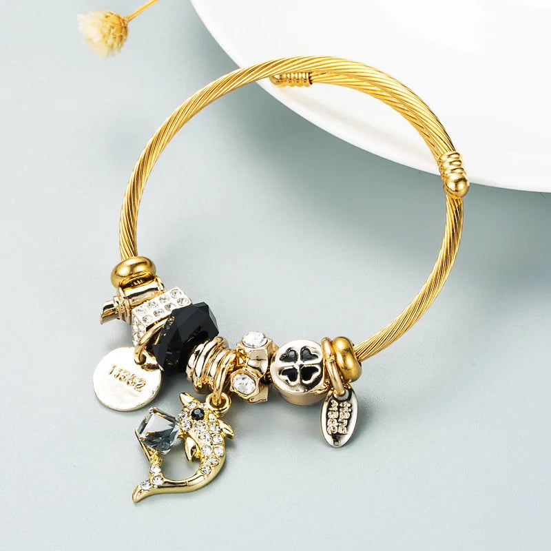 Stainless Steel Mixed Beads Butterfly Adjustable Bracelet with Crystals Letter Tag for Women DIY Jewelry