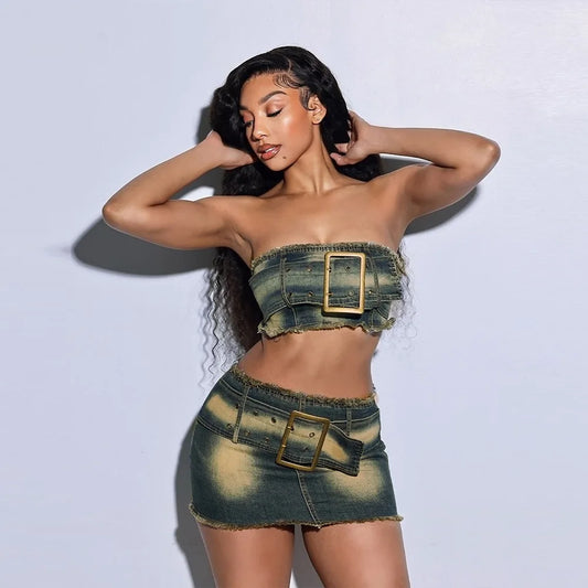 FAGADOER Fashion Retro Distress Y2K Denim Streetwear Women Sleeveless Backless Tube And Belt Mini Skirts Cowboy Two Piece Sets