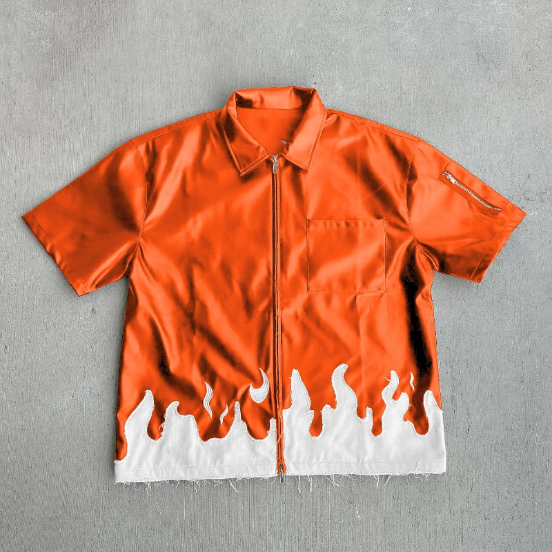 2025 New Trendy Spring and Autumn Collage Color Contrasting American Street Hip Hop Men's and Women's Zipper Shirt