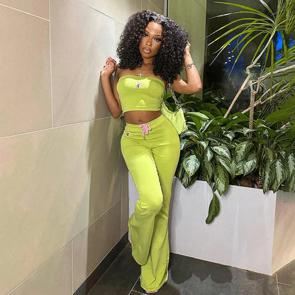summer new solid color sleeveless strapless embroidered slim fit micro flared long women's suit