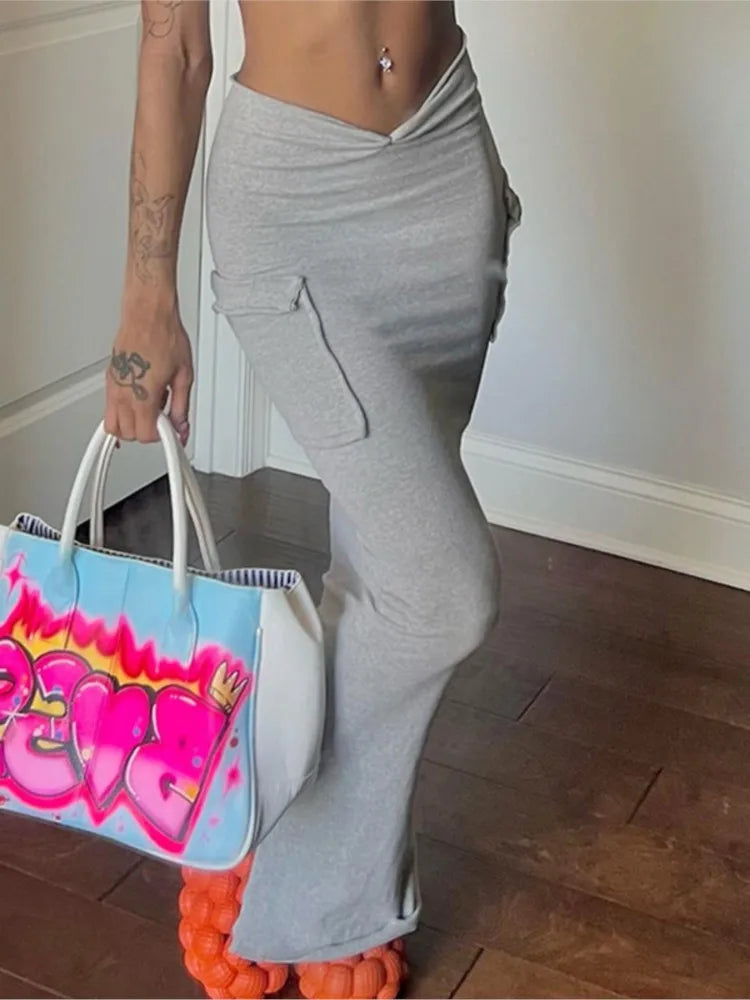 Women Casual Slim High Waist Long Skirt Versatile Irregular Slit Gray A-lined Skirts With Pocket Female Fashion Daily Streetwear