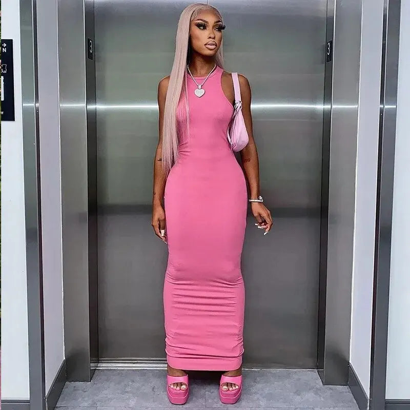 Dulzura Women Fashion 2024 Autumn Sleeveless Club Streetwear Bodycon Pink Pencil Long Dress Wholesale Items For Business