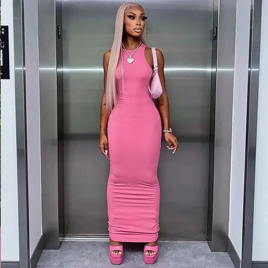 Dulzura Women Fashion 2024 Autumn Sleeveless Club Streetwear Bodycon Pink Pencil Long Dress Wholesale Items For Business