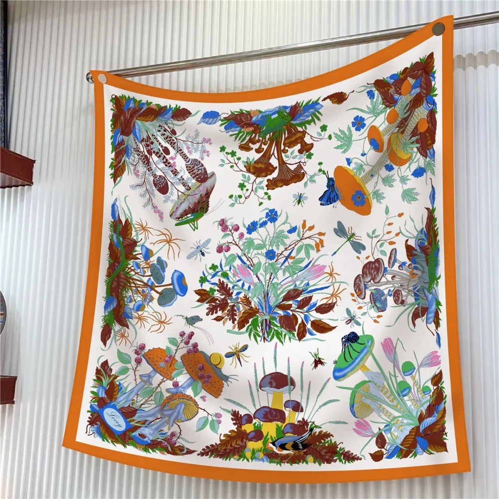 Silk Scarf Women Floral Printed Square Scarves Head Echarpes Silk Foulards Femme Wraps Beach Shawls Bandana Lady Hijabs 90CM