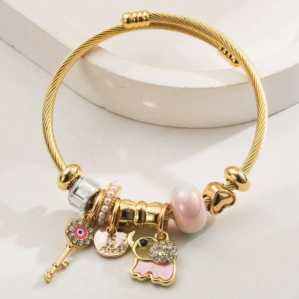 Stainless Steel Mixed Beads Butterfly Adjustable Bracelet with Crystals Letter Tag for Women DIY Jewelry