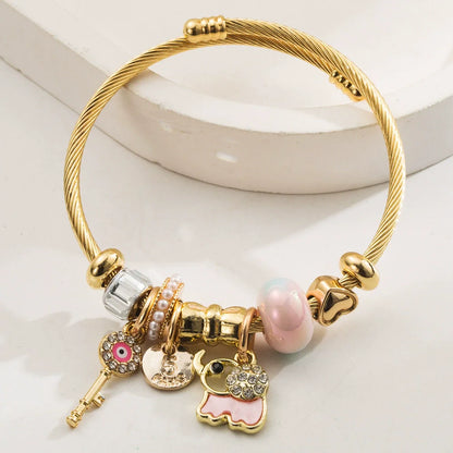 Stainless Steel Mixed Beads Butterfly Adjustable Bracelet with Crystals Letter Tag for Women DIY Jewelry