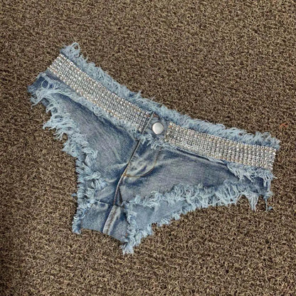 Women's Shorts Sexy Hole Rivet Low Waist Thong Denim Ultra Mini Short Female Bikini Jeans Feminino Nightclub