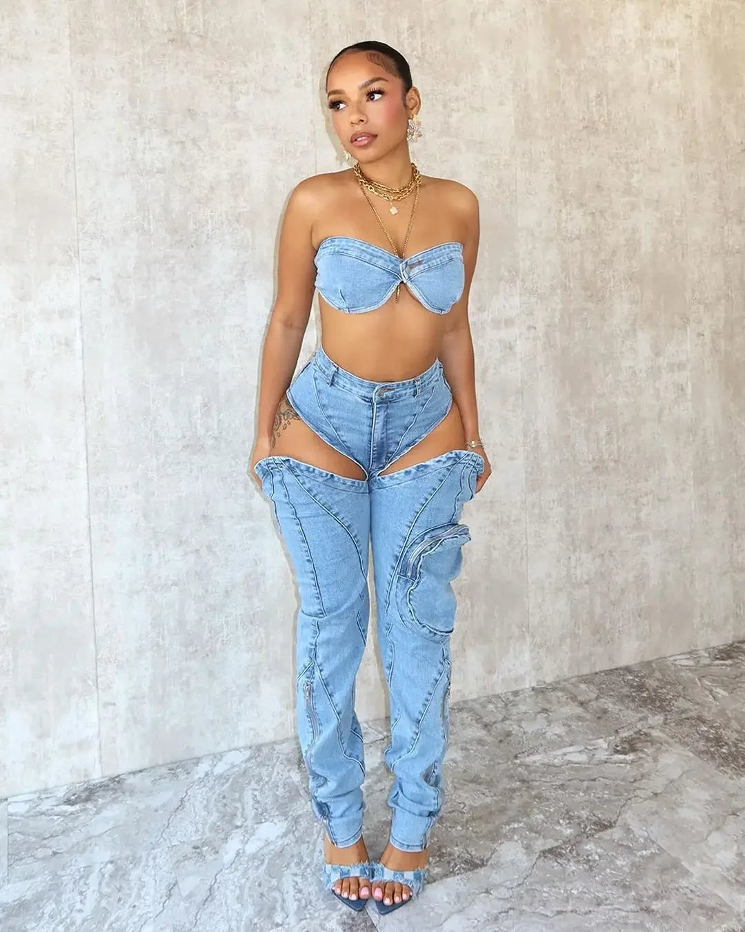 Hollow Out Jeans Pants Outfit Set Sexy Women Elegant Two Pieces Denim Club Matching Set Top+Trousers