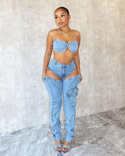 Hollow Out Jeans Pants Outfit Set Sexy Women Elegant Two Pieces Denim Club Matching Set Top+Trousers