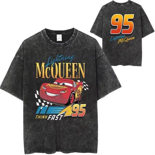 Washed T-Shirt Vintage Car 95 Lightning McQueen Hip Hop Vintage Unisex T-Shirt Streetwear Short Sleeve Top T-Shirt Ladies