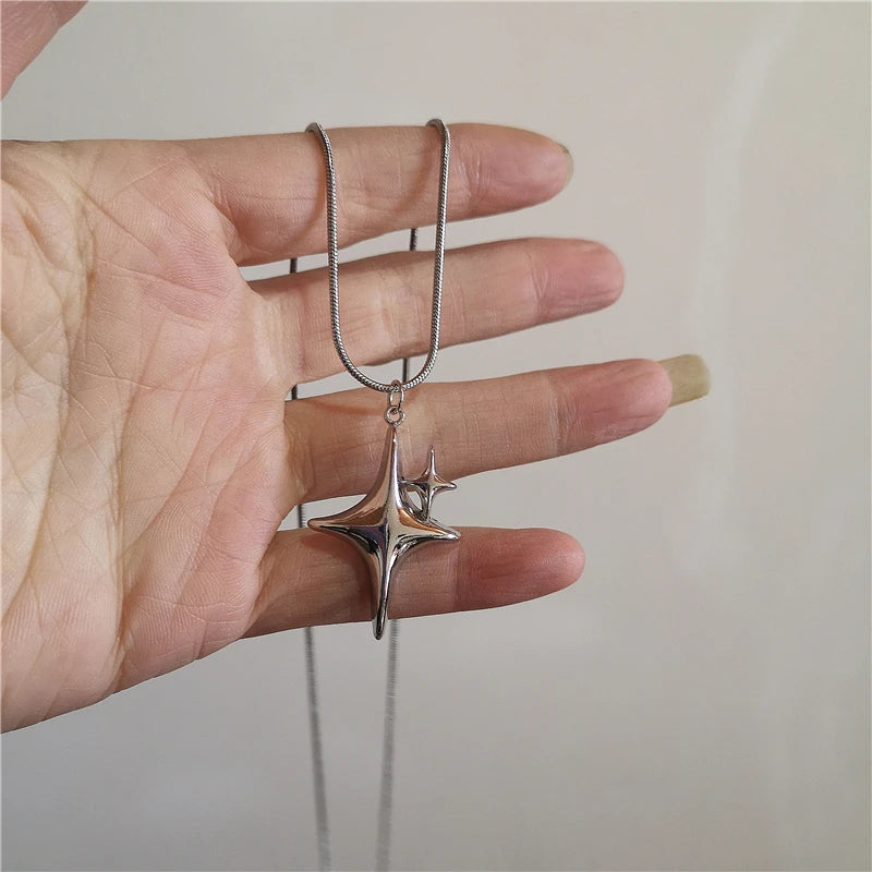 Kpop Vintage Punk Silver Color Star Pendant Bead Necklace for Men Women Street Hip Hop Aesthetic Grunge Jewelry Y2K Accessories