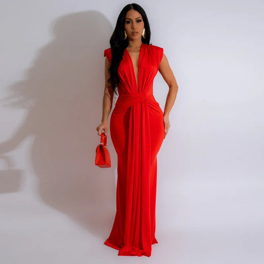 Summer Solid Color High Waisted Long Dress 2024 New Elegant Deep V-neck Sexy Short Sleeved Dress