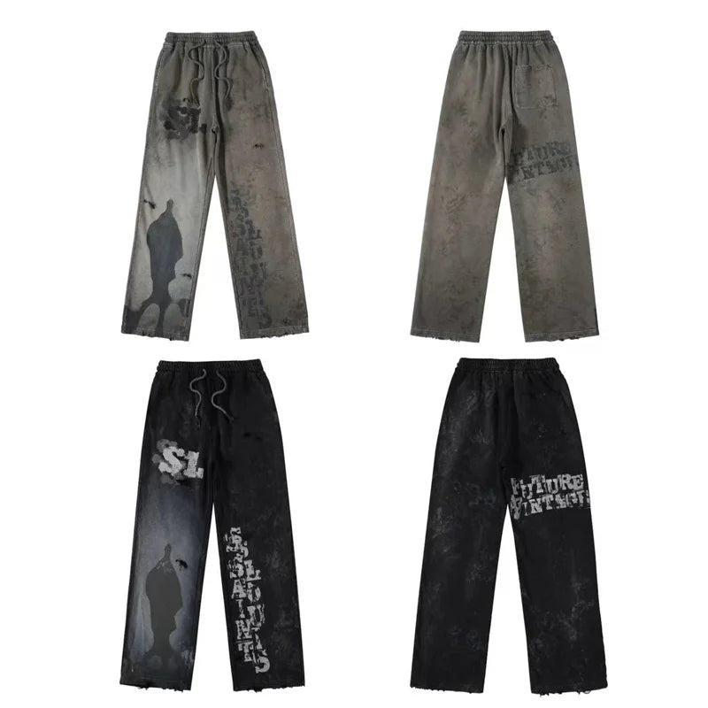 High Street Men Women Hip Hop Best Pants Vintage SAINT LOUIS Drawstring Destruction Splattered Ink Letters Print Sweatpants