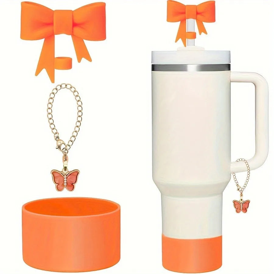3Pcs Bow Straw Cap Covers Toppers Accessories for Stanley 30&40 Cups Silicone Boot Butterfly Charm Chain for Tumbler with Handle
