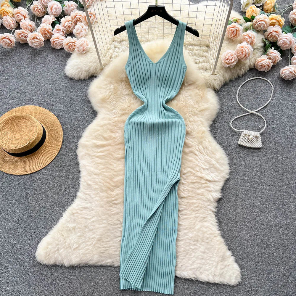 Sexy Wrap Hips Split Knitted Autumn Dress Women Slim Elastic Bodycon Long Dress Streetwear Outfits Vestido