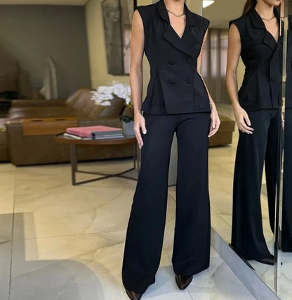 Two Pieces Set for Women Autumn 2024 New Fashion Casual Solid Daily Commuter Notched Collar Blazer Coat&pocket Design Pants Set