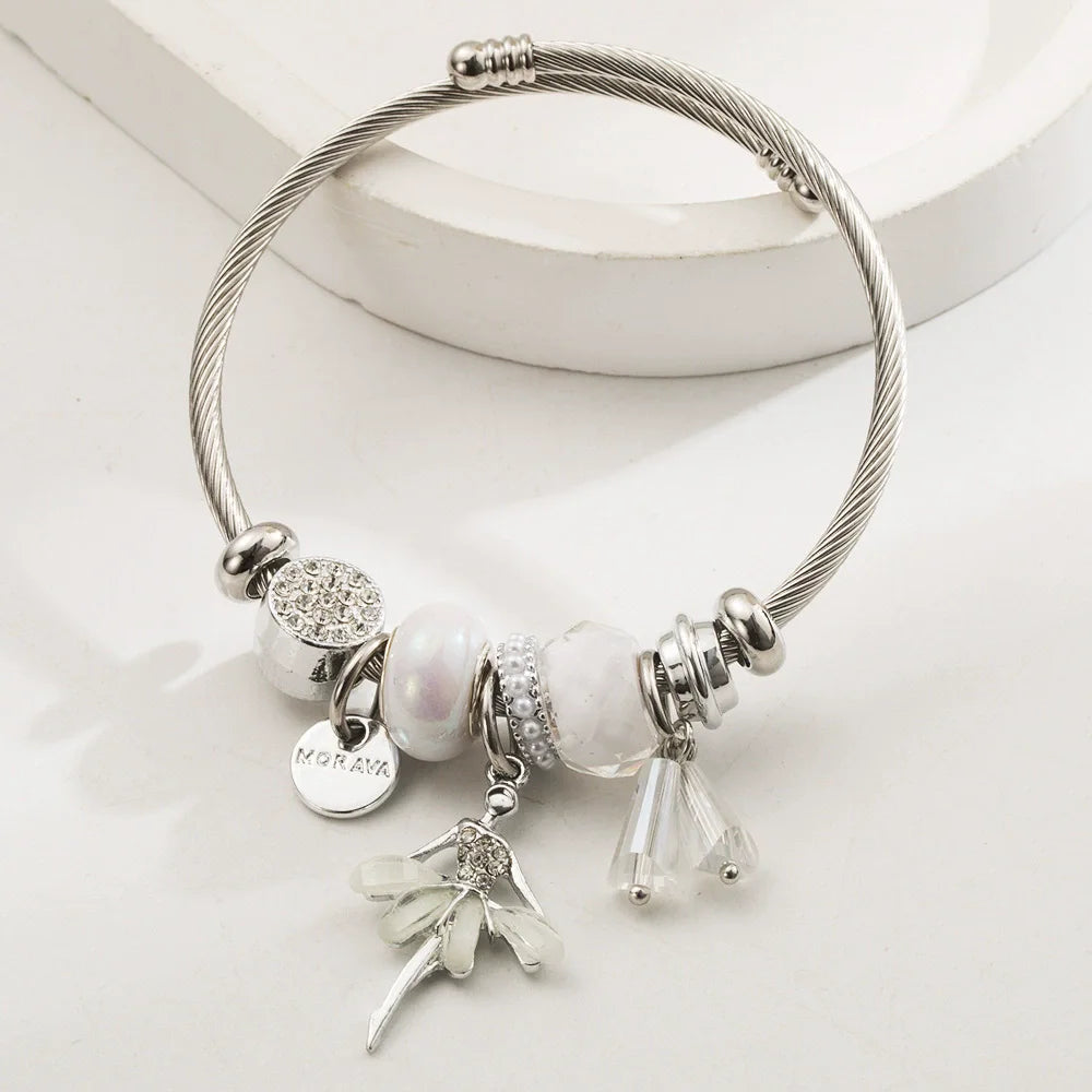 Stainless Steel Mixed Beads Butterfly Adjustable Bracelet with Crystals Letter Tag for Women DIY Jewelry