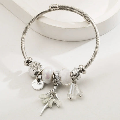 Stainless Steel Mixed Beads Butterfly Adjustable Bracelet with Crystals Letter Tag for Women DIY Jewelry