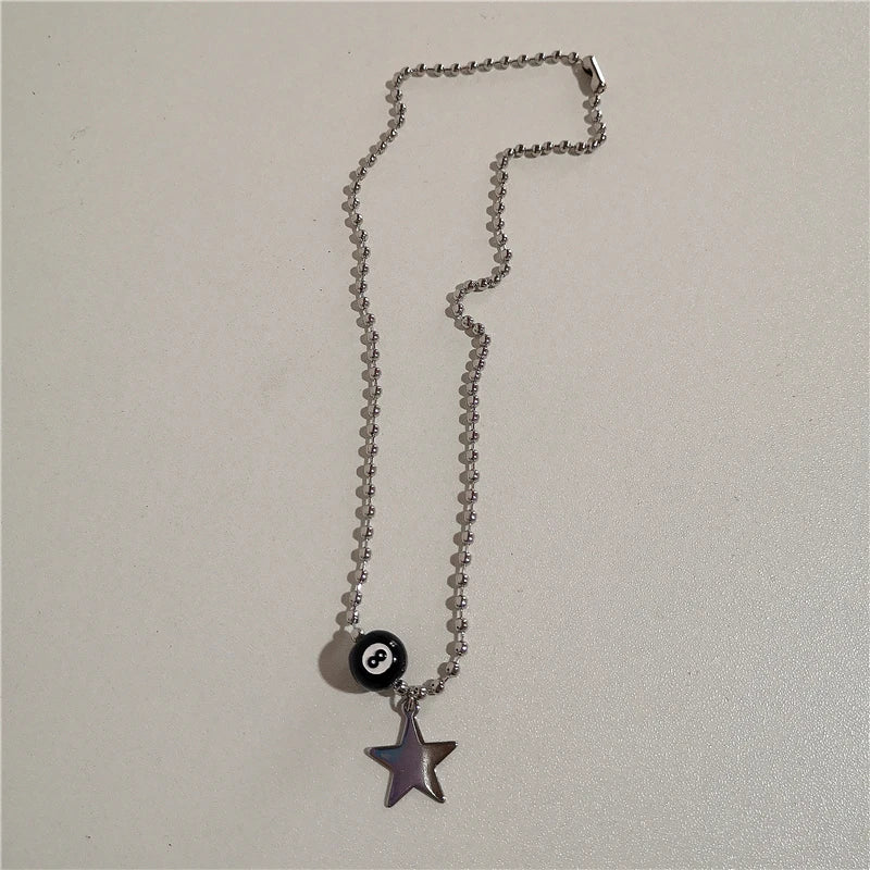 Kpop Vintage Punk Silver Color Star Pendant Bead Necklace for Men Women Street Hip Hop Aesthetic Grunge Jewelry Y2K Accessories