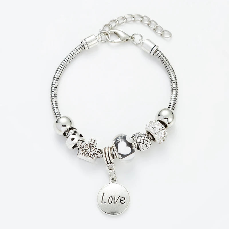 Round Letter Love Zircon Crystal Pendant for Women's Fashion Pandora Collection Charm Jewelry Gift Party Charm Beaded Bracelet
