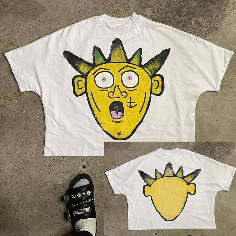 Trendy Brand Fashion Letters Cartoon Print Oversized Short-sleeved Men Y2k Harajuku Hip-hop Retro Loose Casual T-shirts Women
