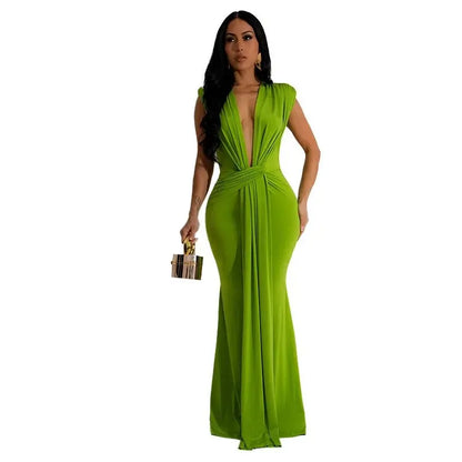 Summer Solid Color High Waisted Long Dress 2024 New Elegant Deep V-neck Sexy Short Sleeved Dress