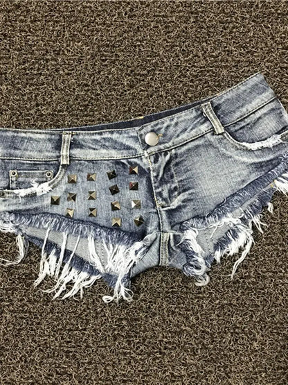 Women's Shorts Sexy Hole Rivet Low Waist Thong Denim Ultra Mini Short Female Bikini Jeans Feminino Nightclub