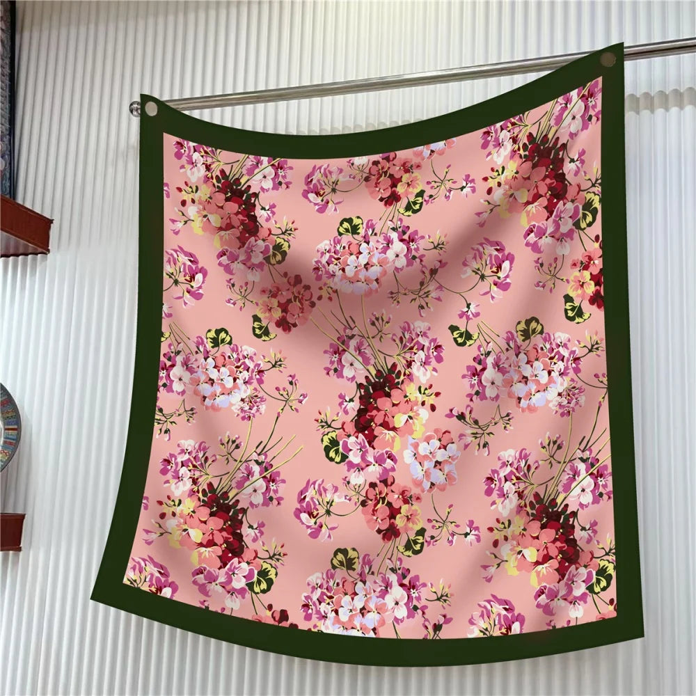 Silk Scarf Women Floral Printed Square Scarves Head Echarpes Silk Foulards Femme Wraps Beach Shawls Bandana Lady Hijabs 90CM