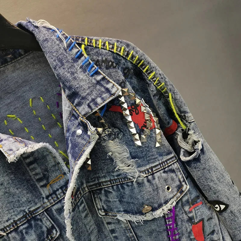 Women Diamonds Beaded Letters Graffiti Denim Coat Holes Rivets Tassels Jeans Bomber Jacket Casual Eyelet Cowboy Cardigan Jaqueta
