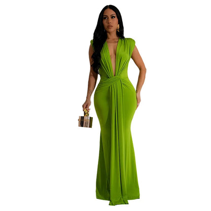 Summer Solid Color High Waisted Long Dress 2024 New Elegant Deep V-neck Sexy Short Sleeved Dress