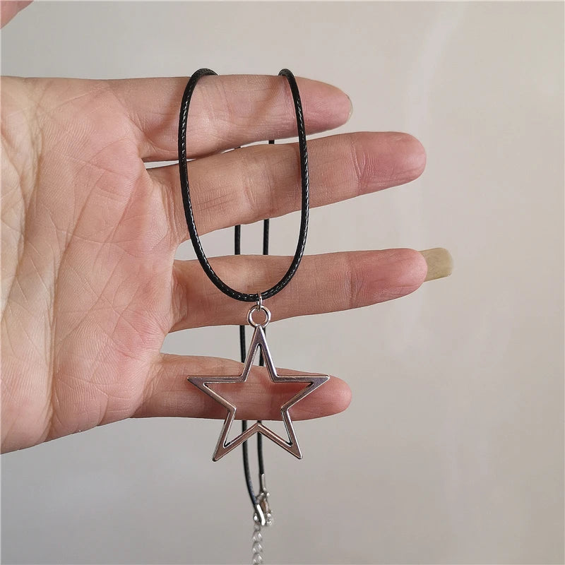 Kpop Vintage Punk Silver Color Star Pendant Bead Necklace for Men Women Street Hip Hop Aesthetic Grunge Jewelry Y2K Accessories