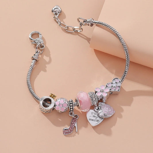 1pc Fashion DIY Beaded Peach Heart Pendant Women's Chain Bracelet Daily Accessories
