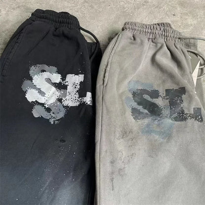 High Street Men Women Hip Hop Best Pants Vintage SAINT LOUIS Drawstring Destruction Splattered Ink Letters Print Sweatpants