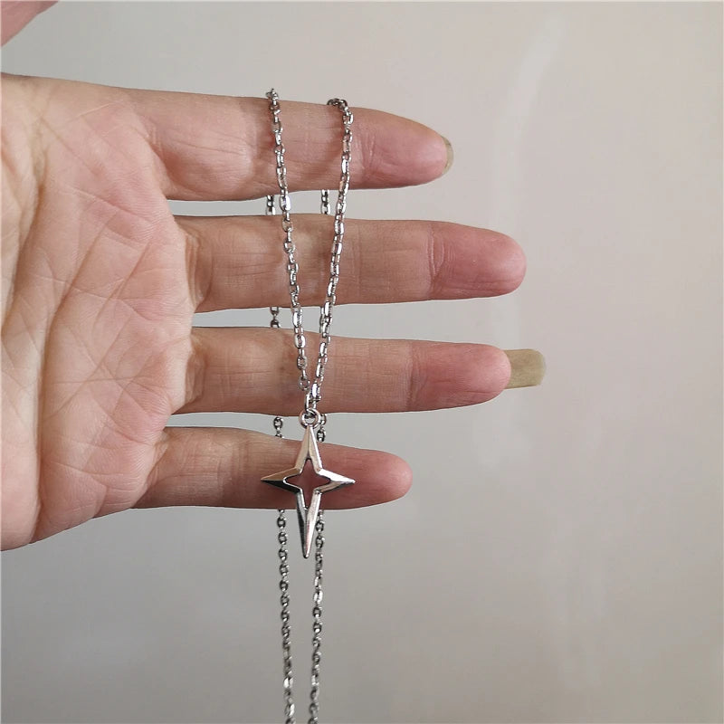 Kpop Vintage Punk Silver Color Star Pendant Bead Necklace for Men Women Street Hip Hop Aesthetic Grunge Jewelry Y2K Accessories