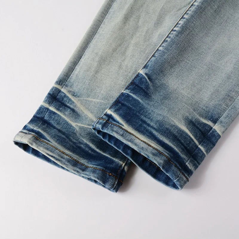 Men Leather Pleated Patches Biker Jeans Streetwear Skinny Tapered High Stretch Denim Pants Holes Ripped Distressed Trousers