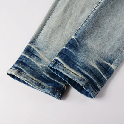 Men Leather Pleated Patches Biker Jeans Streetwear Skinny Tapered High Stretch Denim Pants Holes Ripped Distressed Trousers
