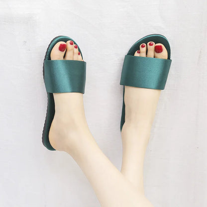 Women Beach Slippers 2024 Summer Flat Shoes Woman Slip On Slides Silk Style Female Slip On Sandals Girls Indoor Outdoor Slippers