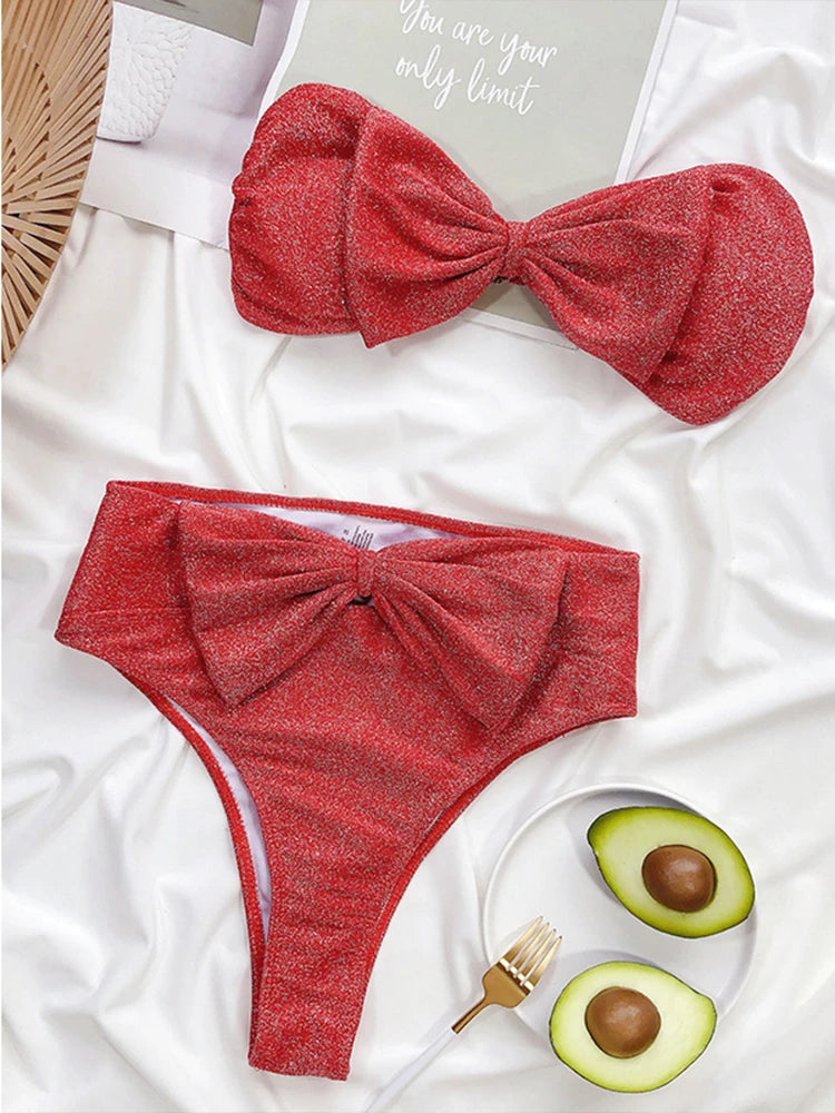 2023 New Sexy Flash Bikini High Waist Swimsuit Women Bandeau Push Up Swimwear Female Bow-knot Bikini Set Bathing Suit Beachwear