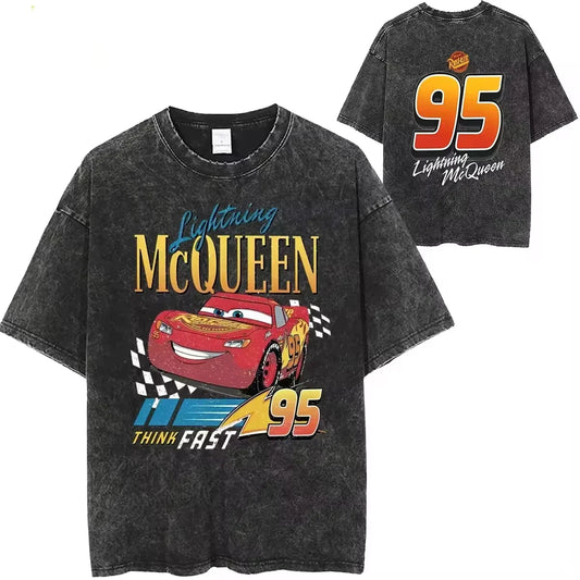 Washed T-Shirt Vintage Car 95 Lightning McQueen Hip Hop Vintage Unisex T-Shirt Streetwear Short Sleeve Top T-Shirt Ladies