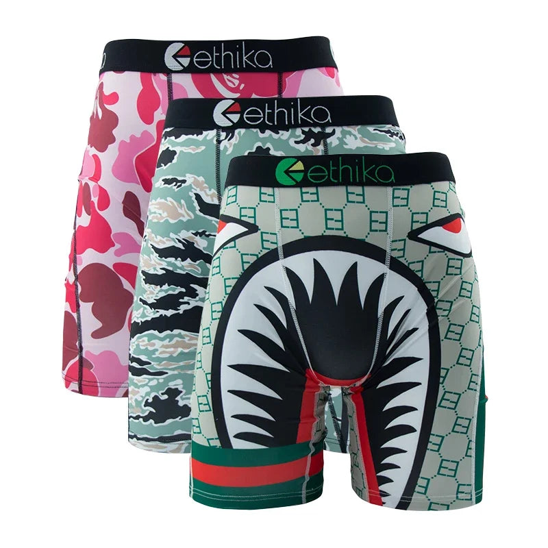 3Pcs ETHIKA Sexy Men Underwear Boxers Fashion Shark Print Underpants Breathable Panties Lingeries Plus Size Boxer Briefs Trunks