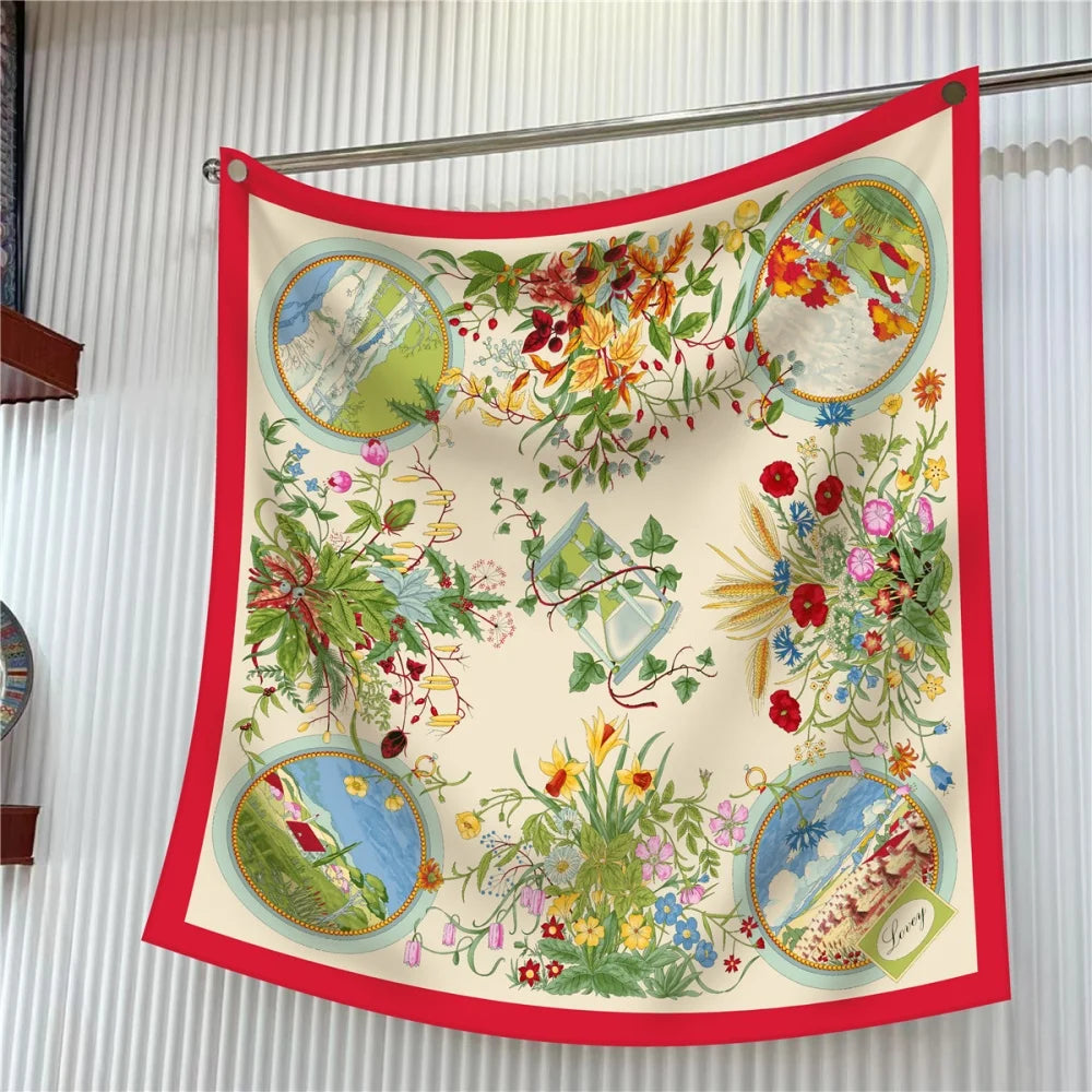 Silk Scarf Women Floral Printed Square Scarves Head Echarpes Silk Foulards Femme Wraps Beach Shawls Bandana Lady Hijabs 90CM