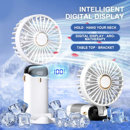 USB Handheld Mini Fan Foldable Portable Neck Hanging Fans 5 Speed USB Rechargeable Small Fan with Phone Stand and Power Display