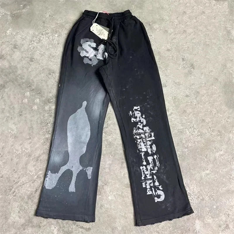 High Street Men Women Hip Hop Best Pants Vintage SAINT LOUIS Drawstring Destruction Splattered Ink Letters Print Sweatpants